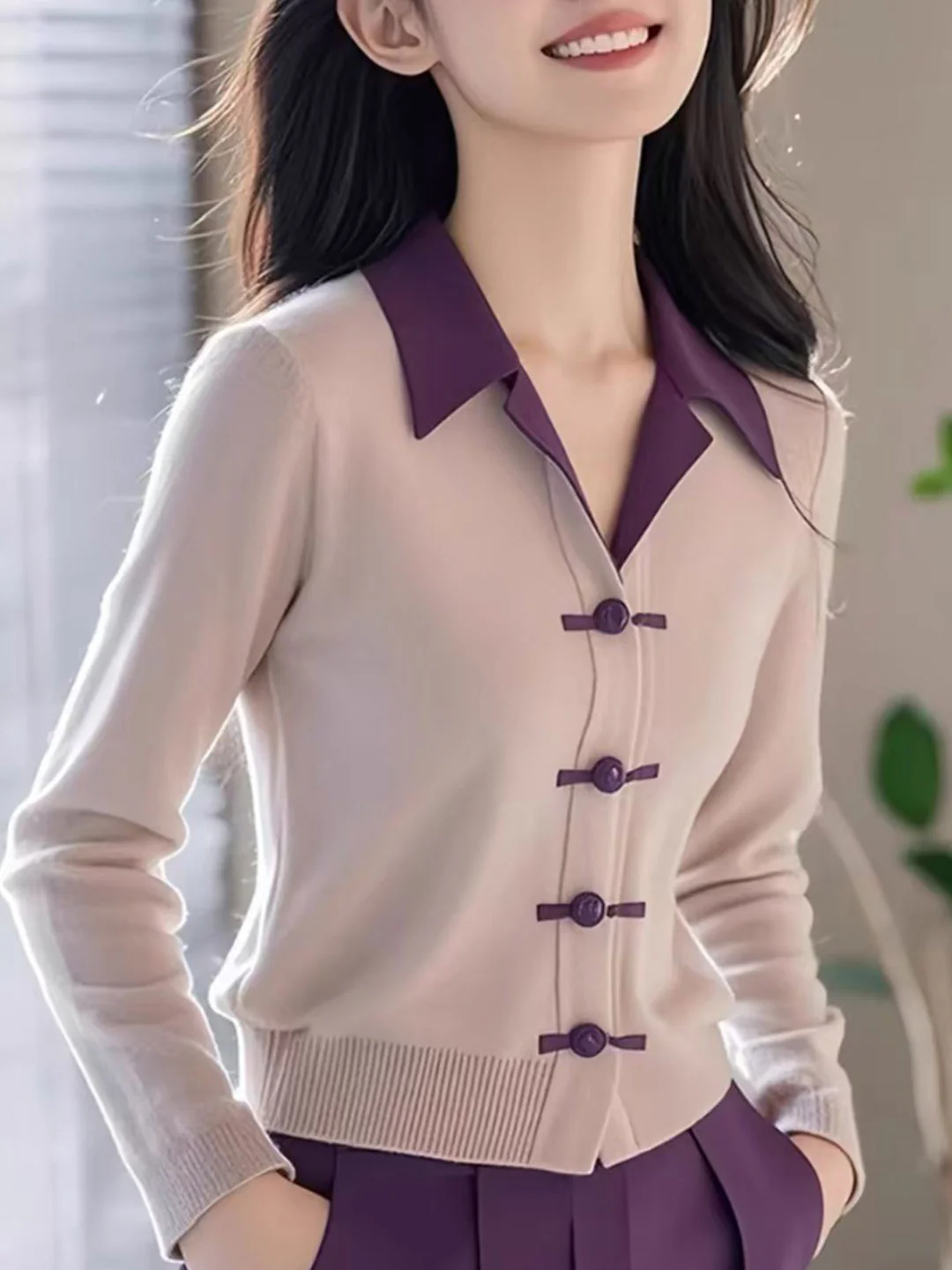 Women's Classic Lapel Long Sleeve Knit Cardigan