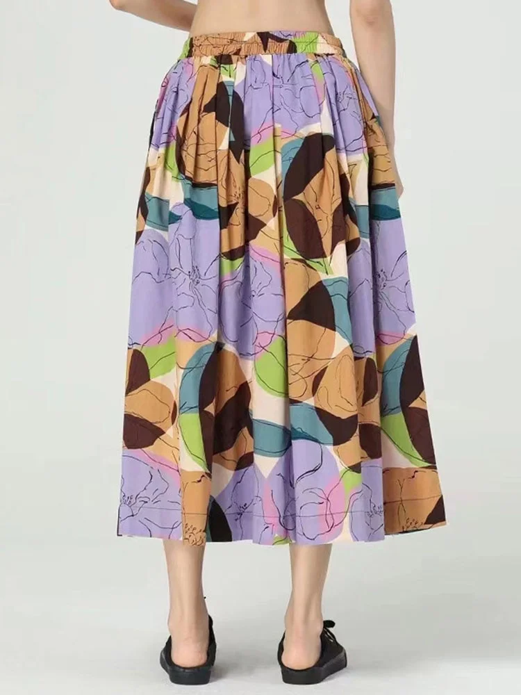 Italian Women's Elastic Waist Floral Print Pleated A-Line Skirt