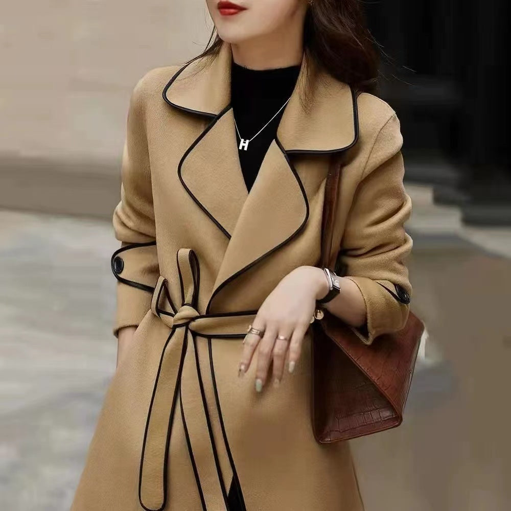 Patchwork Navy Collar Coat with Elastic Waist Pockets