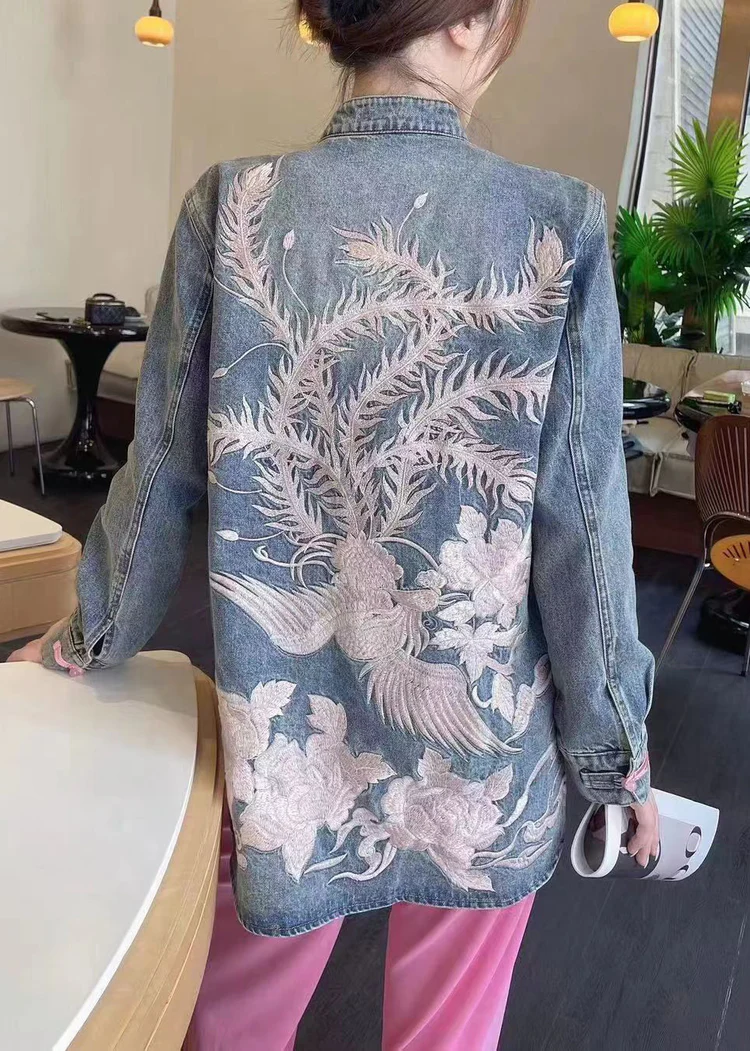 Chinese Embroidered Button Denim Jacket Long Sleeve