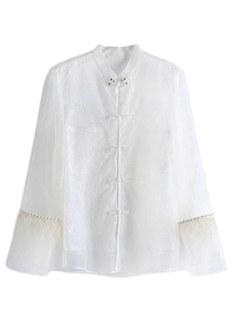 Chinese Style White Feather Lace Patchwork Long Sleeve Top