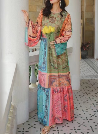 Bohemian Round Neck Printed Flared Sleeve Dress