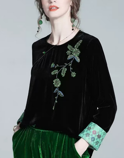 Women's Loose Asymmetric Velvet Patchwork Long Sleeve Top