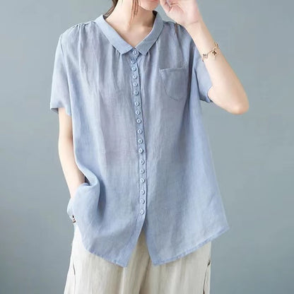 Vintage Collar Buttoned Linen Shirt Long Sleeve Top