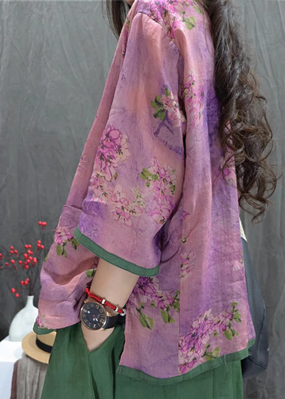 Women's Loose Printed Chinese Buttoned Cotton Shirt Long Sleeve Top