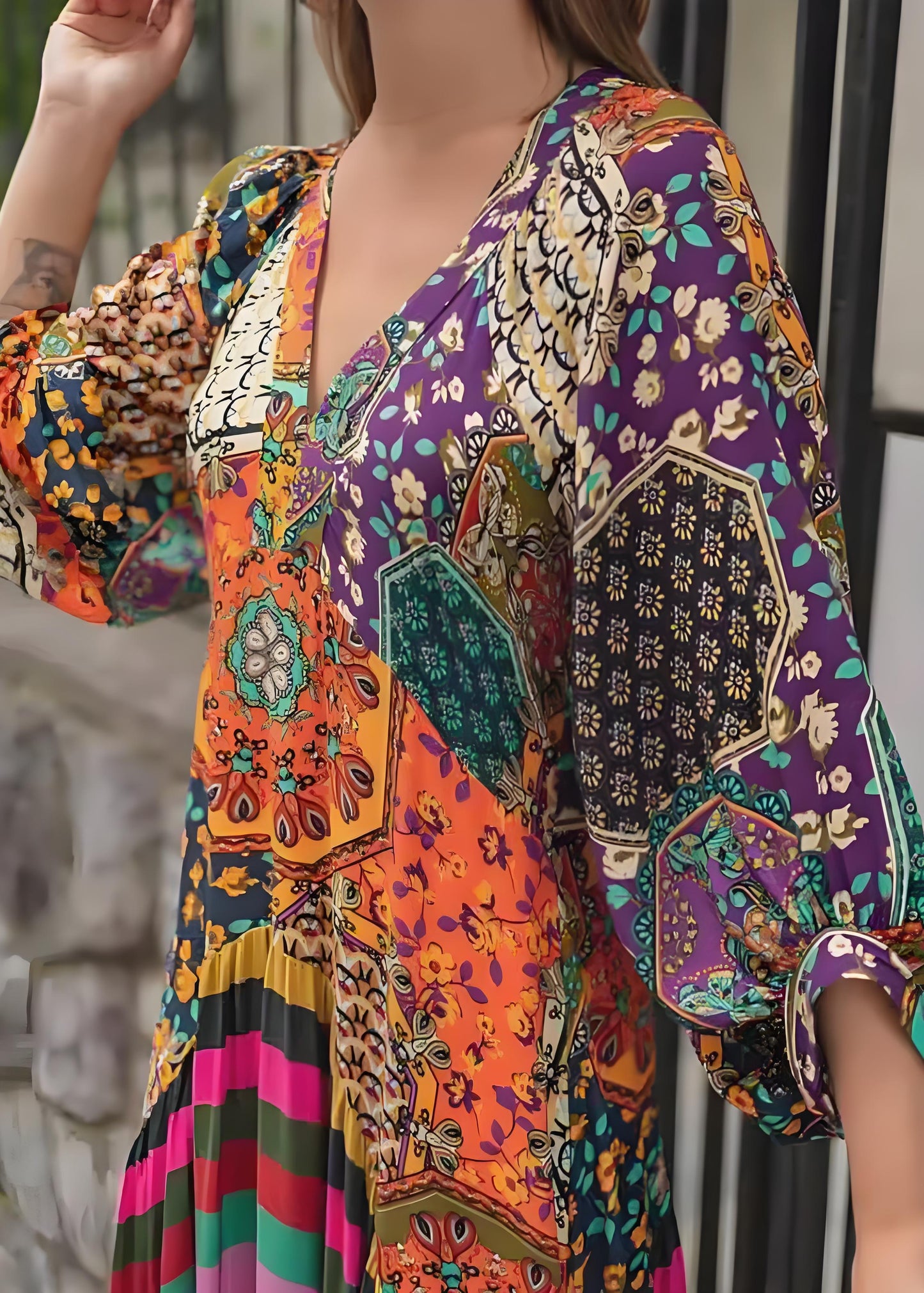 Vacation Boho V Neck Color Block Print Cotton Maxi Dress Spring