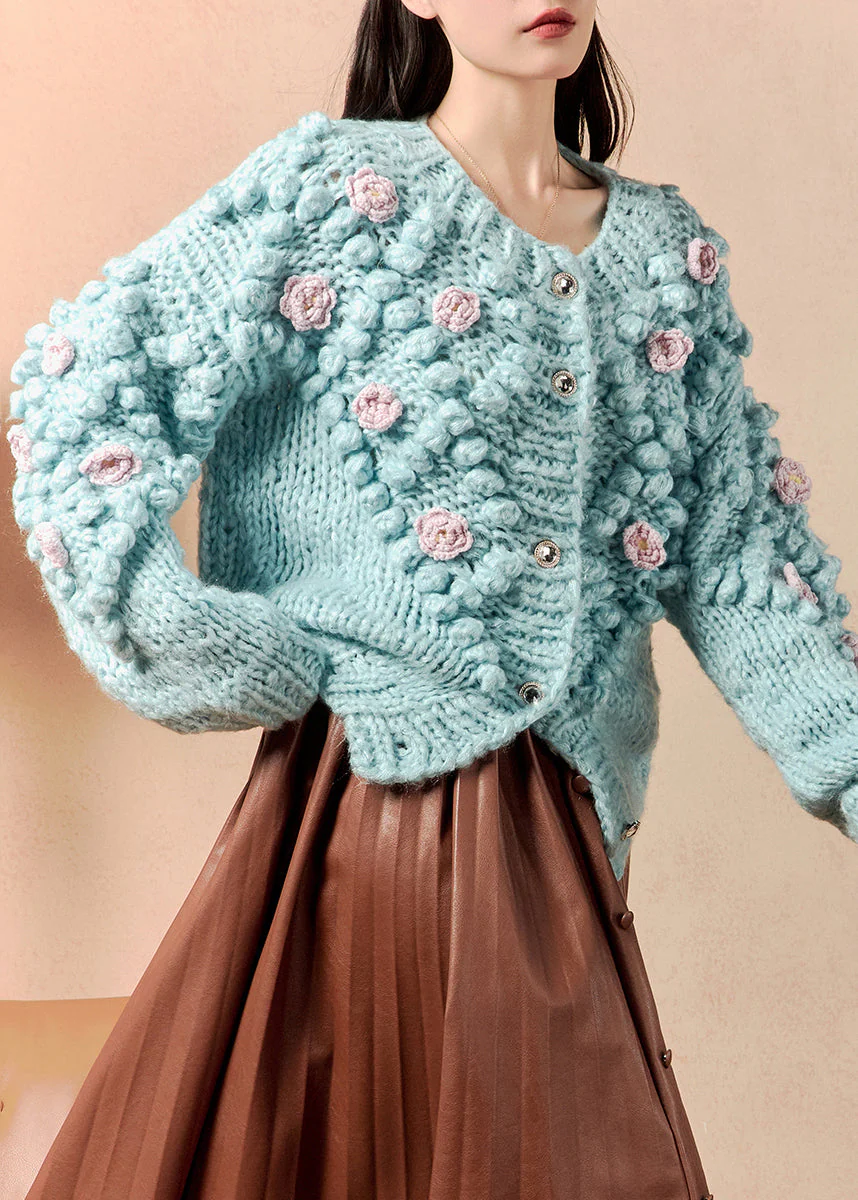 Women's Fashion Floral Blue O-Neck Button Down Cardigan
