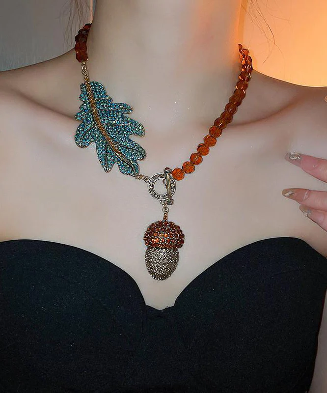 Women's Coffee Alloy Zirconia Crystal Leaf Pendant Necklace