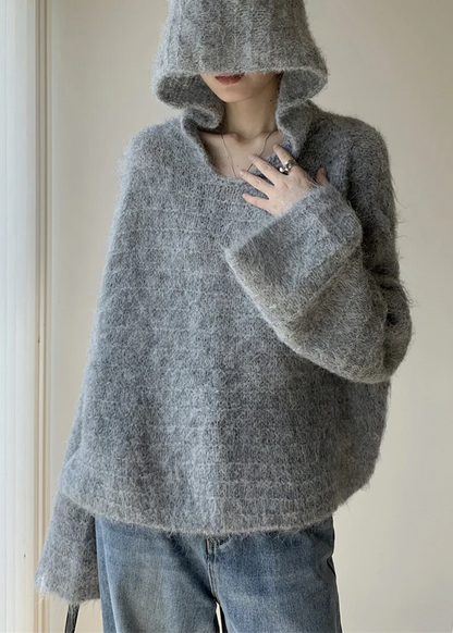 Italian Gray Cotton Hooded Knit Long Sleeve Sweater