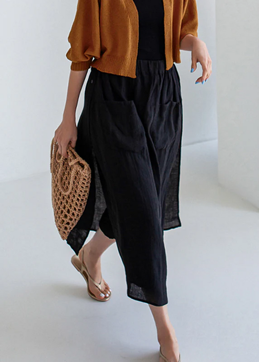 Black Side Split Linen Pant Skirt Summer