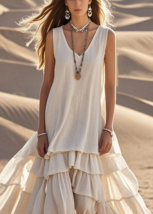 Women's Original White Cotton Sleeveless Long Dress Summer