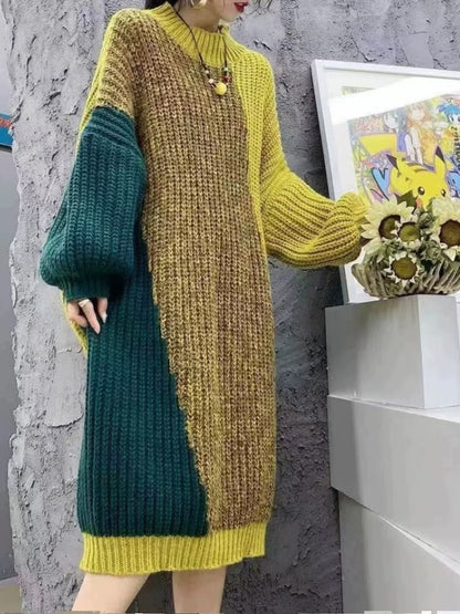 Loose plus size color clashing knitted sweater long sleeve winter