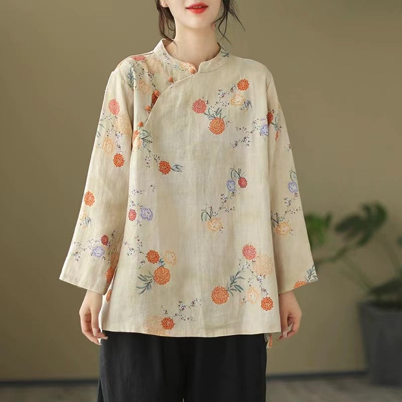 Loose Standing Collar Printed Long Sleeve Cotton Blouse Top
