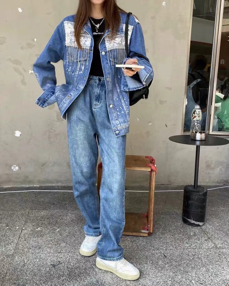 Fashion Beaded Pearl Embroidery Fringe Denim Jacket