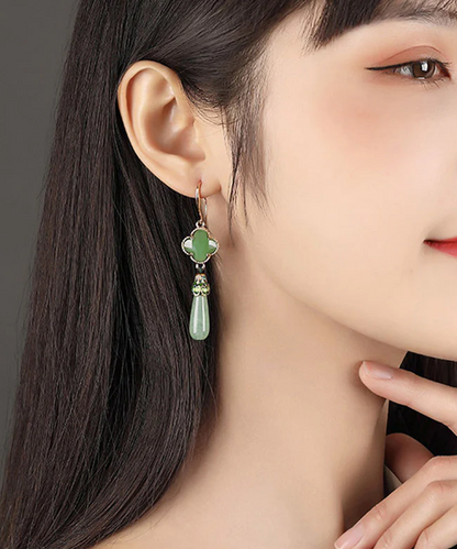 Chic Color Sterling Silver Jadeite Cloisonne Flower Dangle Earrings