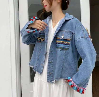 Loose Floral Embroidery Beaded Fringe Denim Jacket
