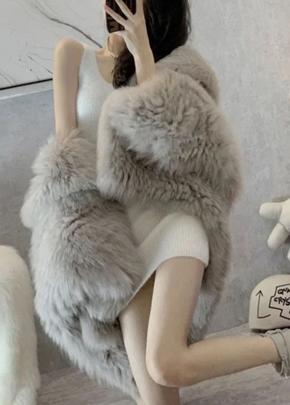 Women's Light Grey Hooded Patchwork Furry Plush