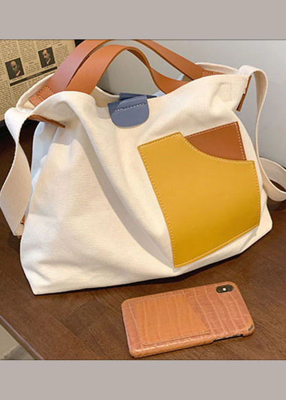 White Patchwork Canvas Tote Bag