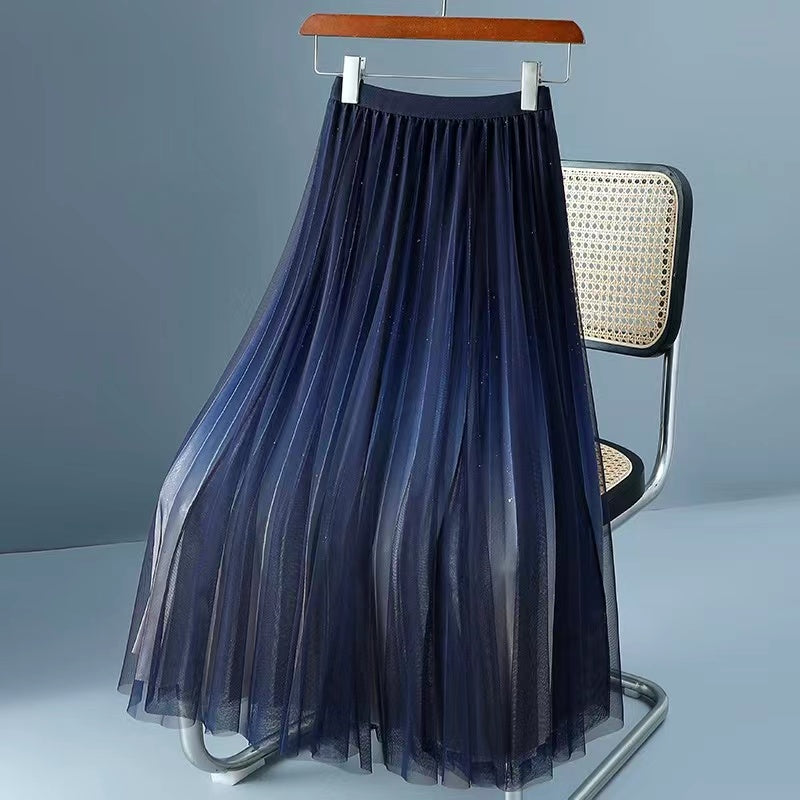 Elegant Star Gradient Mesh Pleated Skirt