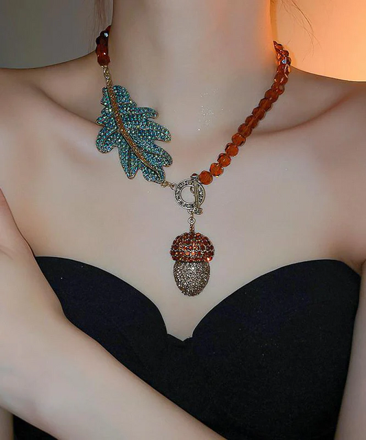 Women's Coffee Alloy Zirconia Crystal Leaf Pendant Necklace