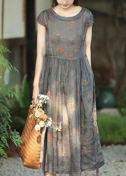 Loose Printed Lace-Up Pocket Linen Short Sleeve Dress