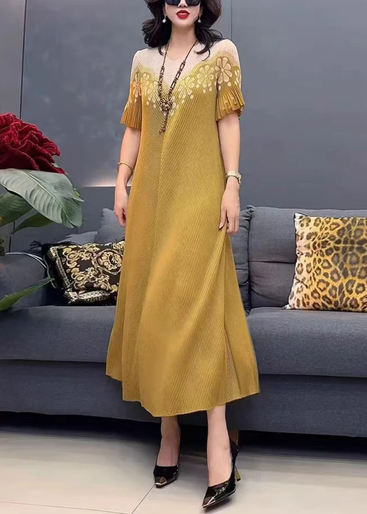 Yellow round neck printed cotton maxi dress