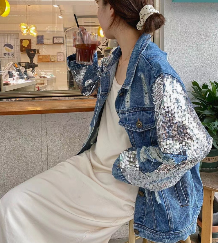 Fashion Sequins Personalized Ripped Denim Jacket