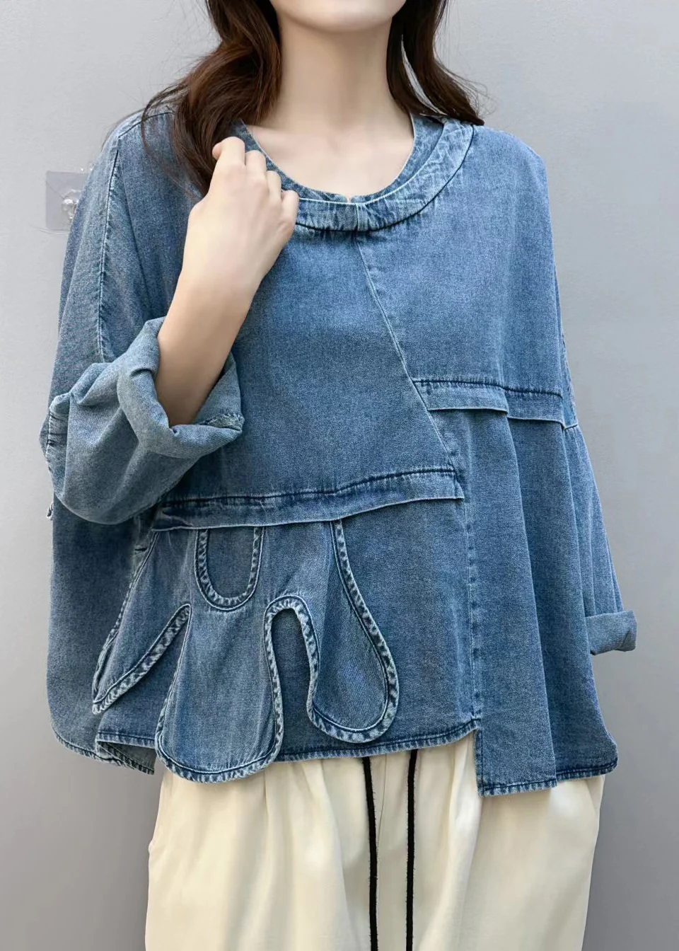 Chic Blue Asymmetric Patchwork Denim Shirt Top Fall Long Sleeve