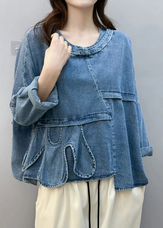 Chic Blue Asymmetric Patchwork Denim Shirt Top Fall Long Sleeve