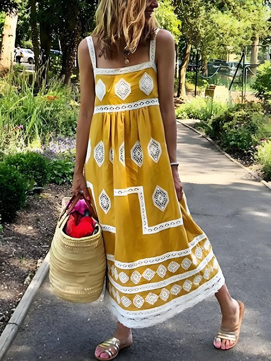Women's Plus Size Yellow Square Neck Boho Vest Long Dresses