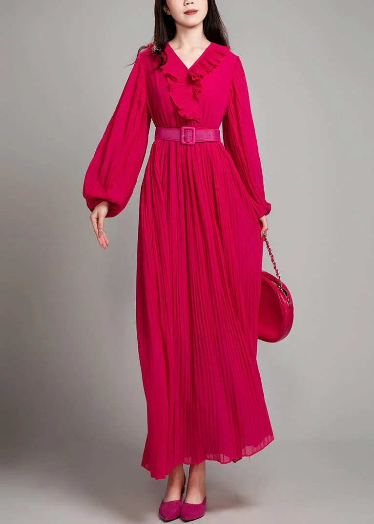 Women's Green V Neck Pleated Cotton Long Sleeve Dress Spring