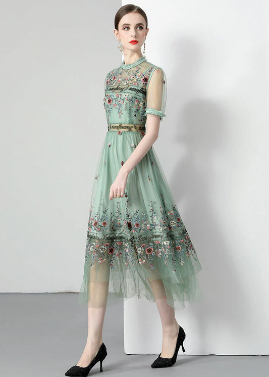 Italian Women's Light Green Ruffle Embroidered Ruched Tulle Dress