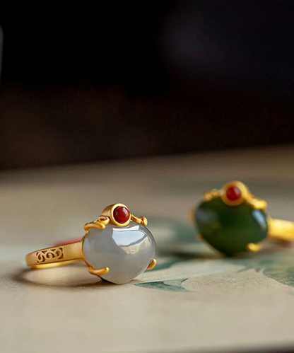 Women's Green Sterling Silver Gold Plated Jade Ring Versatile