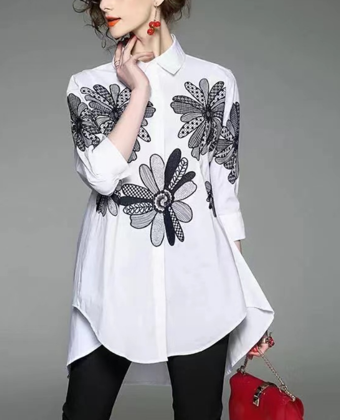French Pan Collar Embroidery Asymmetric Design Cotton Long Shirt Half Sleeve Top