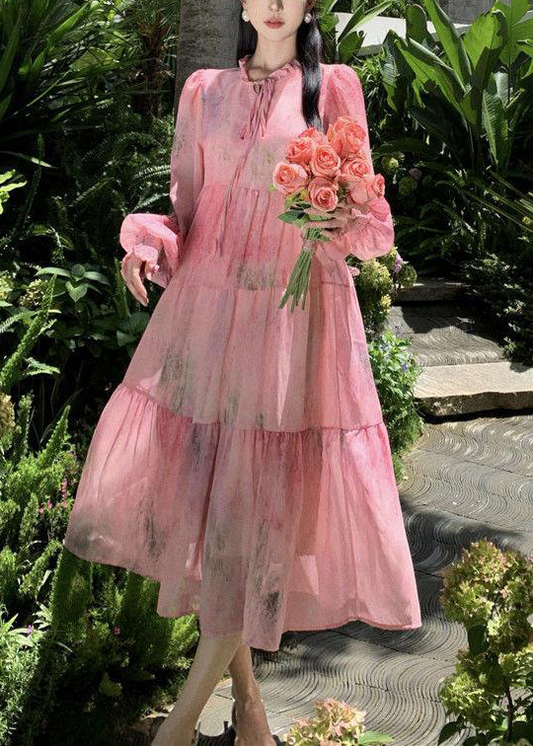 Women's Original Pink Ruffle Tie Splicing Chiffon Long Sleeve Dress Party
