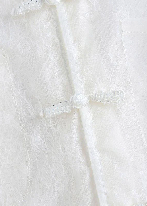 Chinese Style White Feather Lace Patchwork Long Sleeve Top