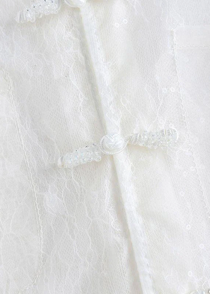 Chinese Style White Feather Lace Patchwork Long Sleeve Top