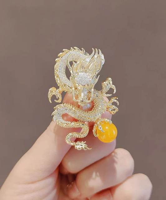Chinese Style Alloy Zirconia Golden Dragon Brooch Versatile