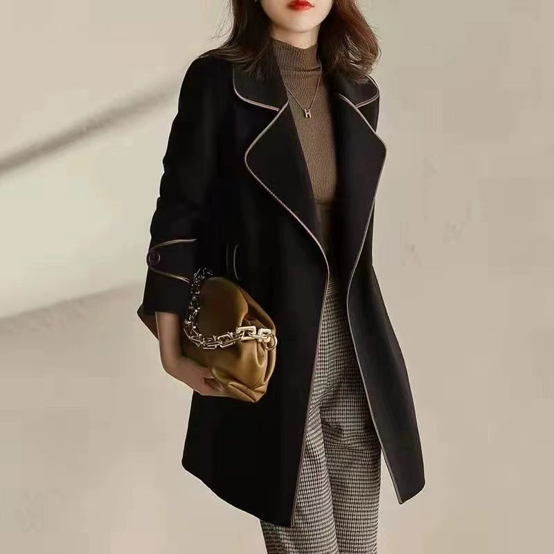 Patchwork Navy Collar Coat with Elastic Waist Pockets