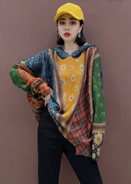 Women's Colorblocking Hooded Printed Knit Sweater