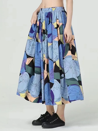 Italian Women's Elastic Waist Floral Print Pleated A-Line Skirt