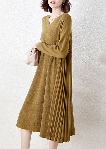 Italy V-Neck Patchwork Crinkle Wool Long Knit Dress Long Sleeve