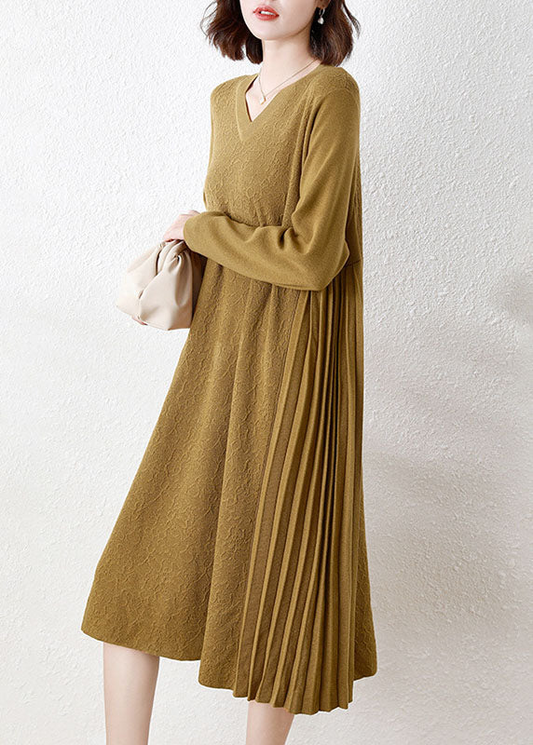 Italy V-Neck Patchwork Crinkle Wool Long Knit Dress Long Sleeve