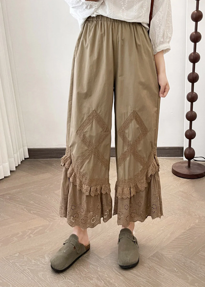 New Apricot Lace Patchwork Wide Leg Pants