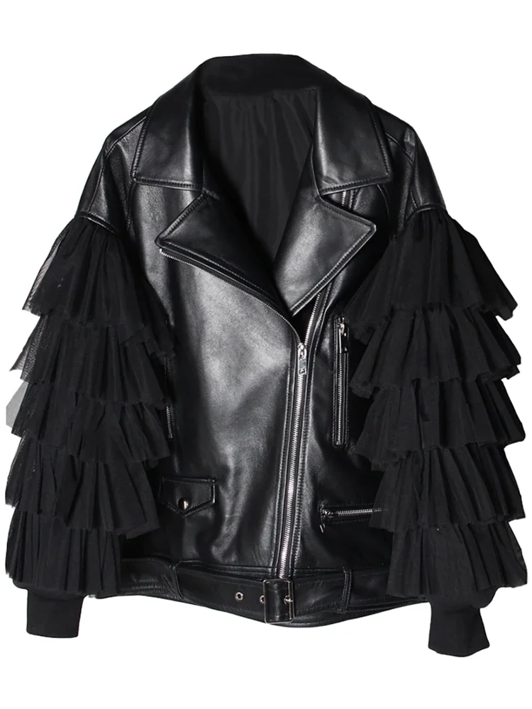 Women's Plus Size Black Lapel Patchwork Patchwork Multi-Layer Tulle Zipper Leather Jacket