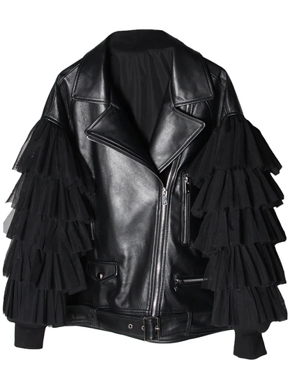 Women's Plus Size Black Lapel Patchwork Patchwork Multi-Layer Tulle Zipper Leather Jacket