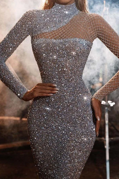 Women's Solid Colour Sequins Patchwork Half High Neck One Step Skirt