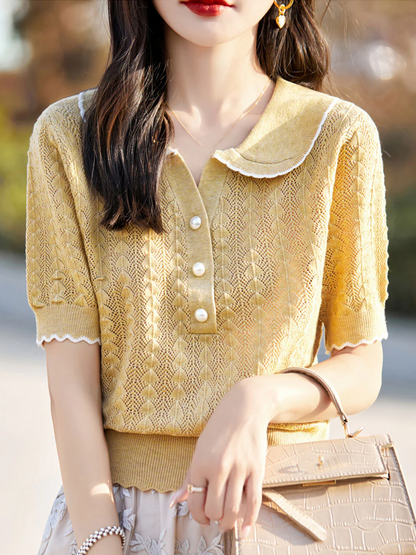 Elegant Lapel Skeleton Knit Short Sleeve Shirt Top
