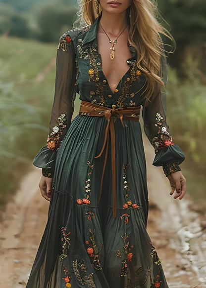 Women's Boho Green Peter Pan Collar Printed Ruched Cotton Long Dresses