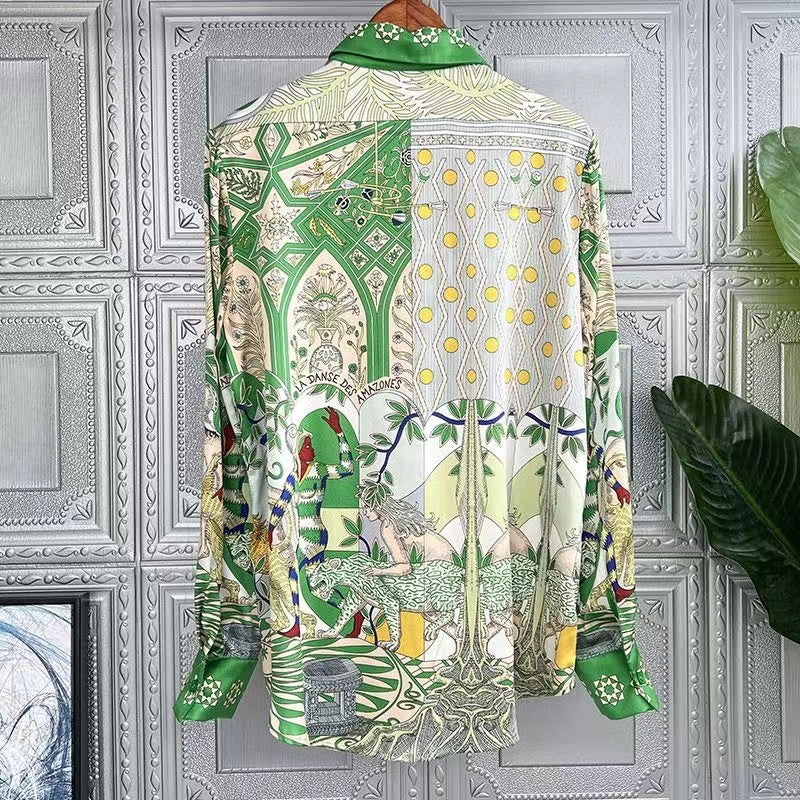 Elegant Printed Silk Lapel Long Sleeve Blouse Top